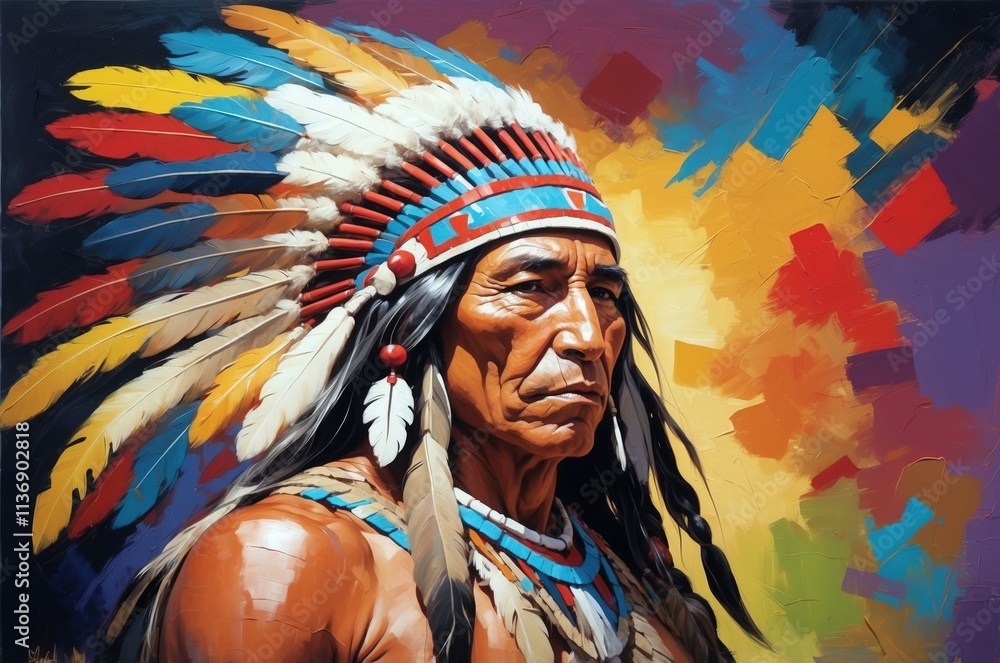 Fototapeta premium Abstract vintage oil painting portrait of a native american man with headdress decoration, people and culture, tradition, history theme concept. 