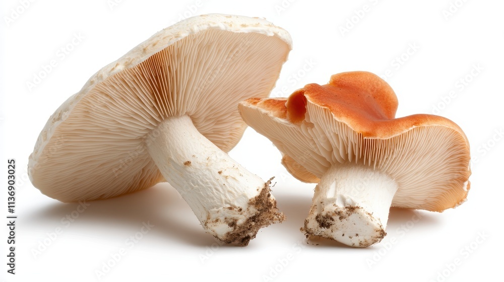 A close-up of two mushrooms showing contrasting gilled undersides, with one exhibiting warm orange tones and the other pure white, emphasizing their natural beauty. A close-up of two mushrooms showing contrasting gilled undersides, with one exhibiting warm orange tones and the other pure white, emphasizing their natural beauty.