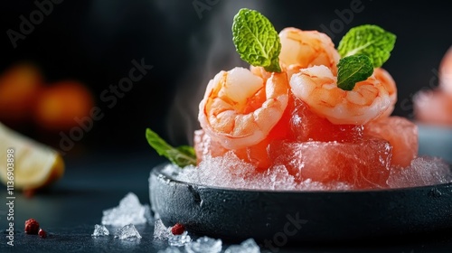 A gourmet shrimp dish artistically arranged atop a bed of ice, garnished with mint leaves, creating a harmonious blend of freshness and culinary elegance. photo