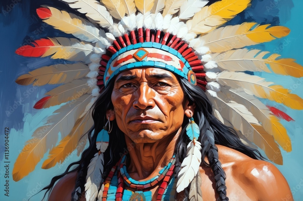 Fototapeta premium Abstract vintage oil painting portrait of a native american man with headdress decoration, people and culture, tradition, history theme concept. 