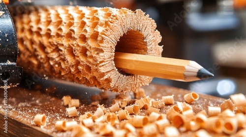 Carpenter carving a pencil into furniture pencil shavings falling like confetti Isolated solo on plain background photo