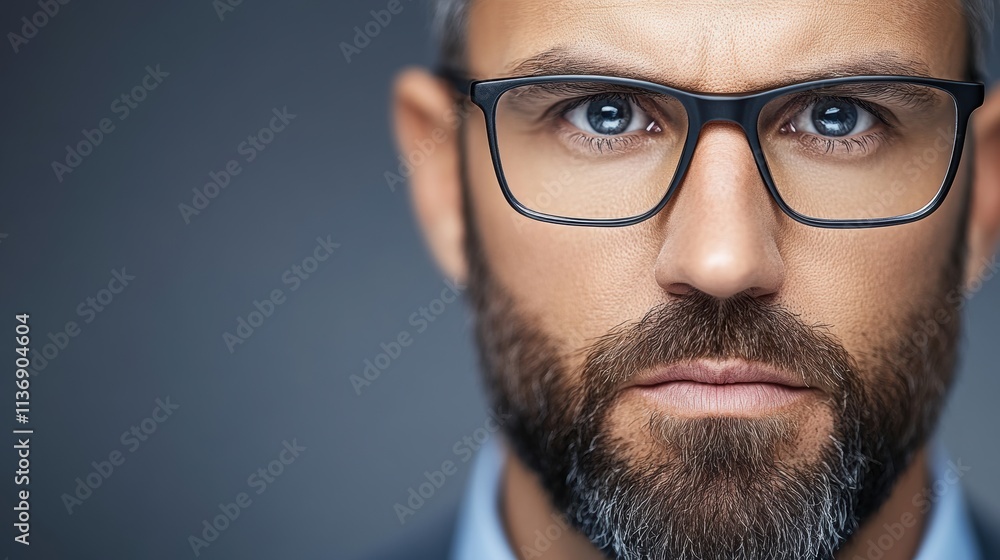 Close-up of a man with glasses and beard looking intensely. Portrait of professional male face with focus on eyes Close-up of a man with glasses and beard looking intensely. Portrait of professional male face with focus on eyes