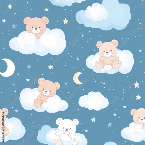 Endearing design shows playful bears nestled in clouds, surrounded by twinkling stars and crescent moons, perfect for children's decor. Generative AI