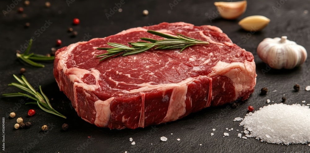 Freshly cut ribeye steak garnished with rosemary and garlic on a dark textured surface Freshly cut ribeye steak garnished with rosemary and garlic on a dark textured surface