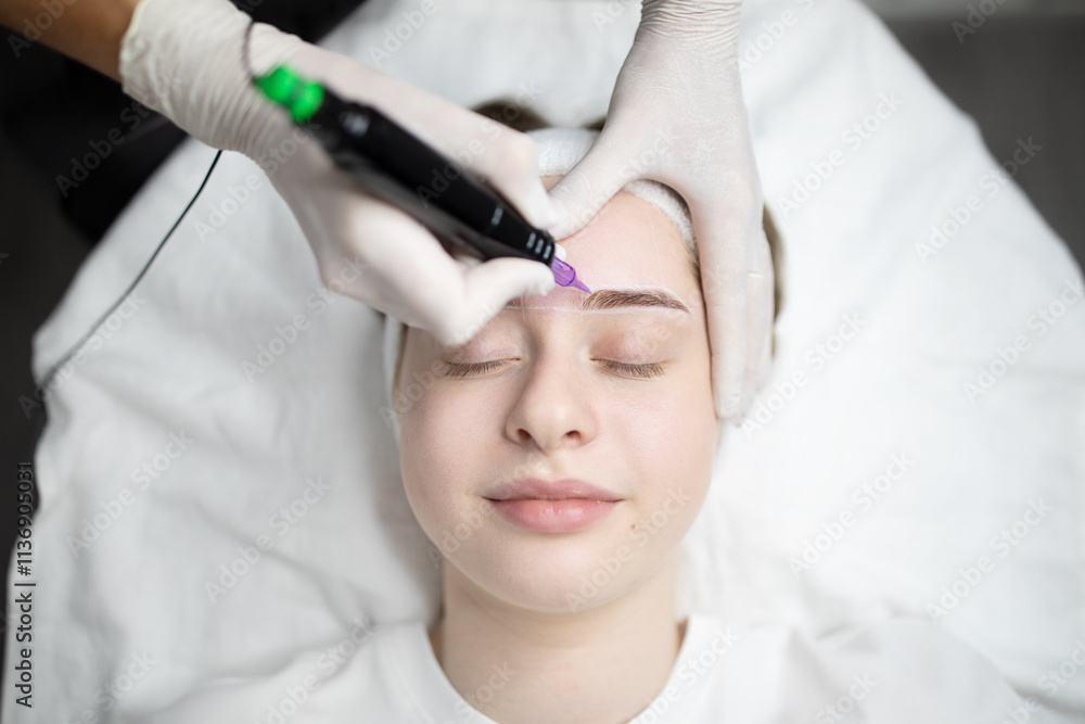 Naklejka premium Ladies are receiving pampering services at a beauty salon, focusing on a long-lasting permanent makeup procedure. Skilled professionals ensure a comfortable and relaxing experience.