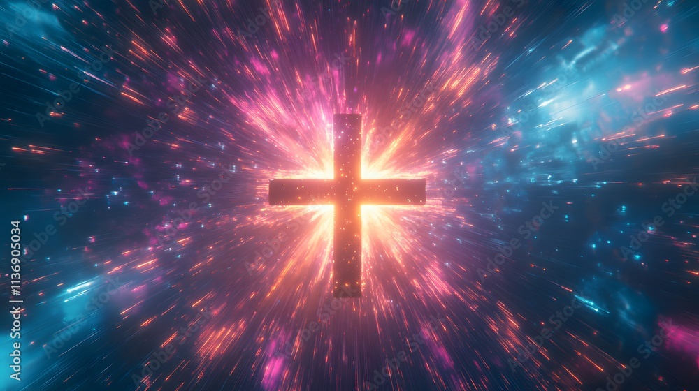 Fototapeta premium Glowing Cross Radiating Light Streaks In Cosmic Space