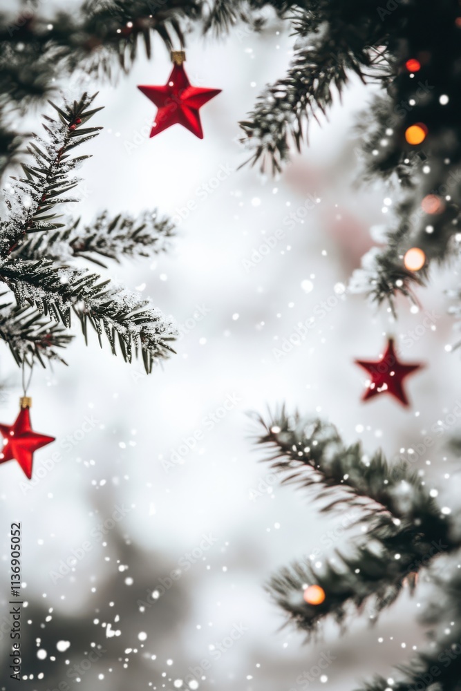 Christmas Tree Branches with Red Stars and Copy Space Christmas Tree Branches with Red Stars and Copy Space