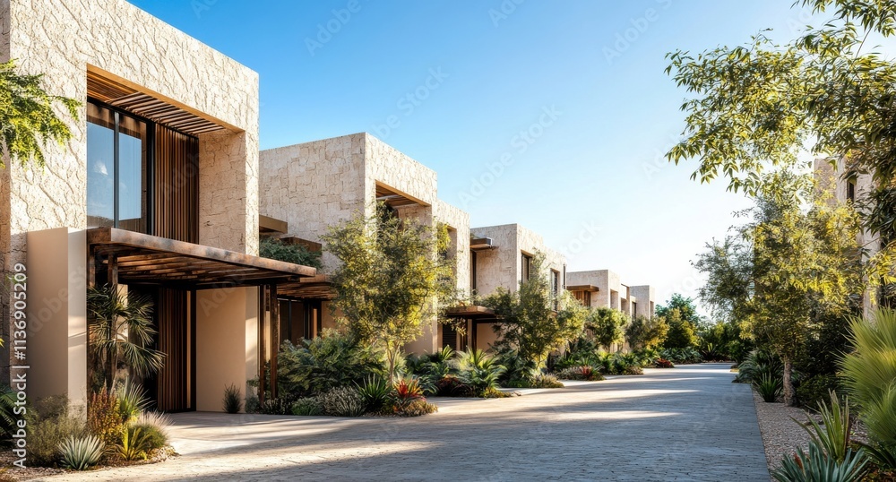 Luxurious villas nestled in serene landscape with lush greenery under bright blue sky at midday Luxurious villas nestled in serene landscape with lush greenery under bright blue sky at midday