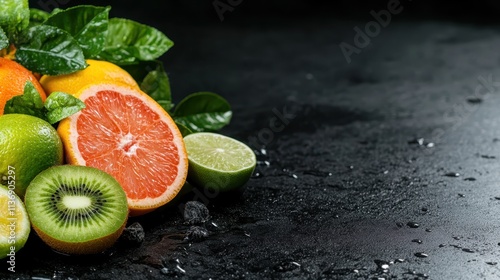 A refreshing arrangement of citrus fruits, featuring grapefruit and limes covered in water droplets, placed on a black surface, ideal for fresh and vivid imagery. photo