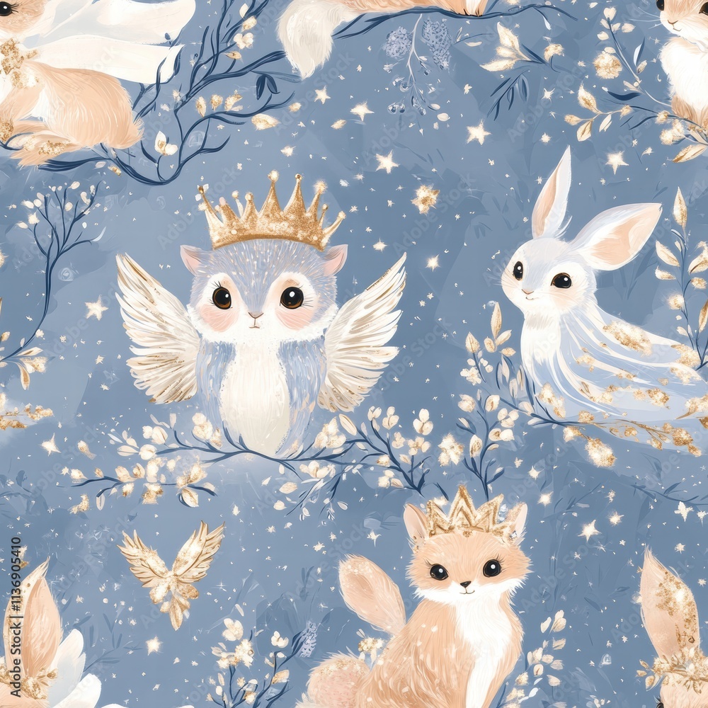 Obraz premium Charming woodland creatures in crowns, surrounded by stars and delicate branches, create a delightful, magical atmosphere. Generative AI