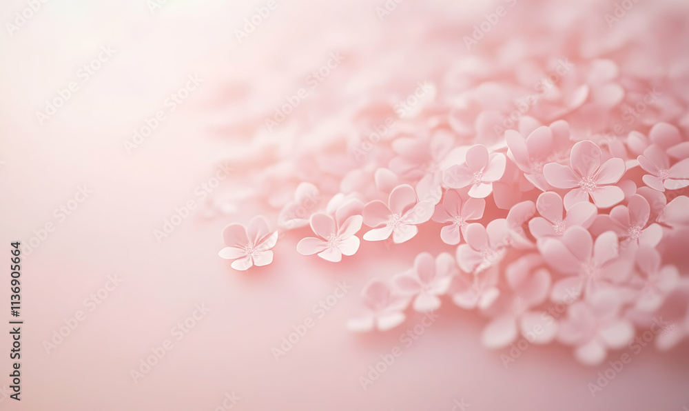 Fototapeta premium Delicate pink blossoms strewn across a soft pink background, creating a dreamy, romantic, and serene aesthetic. Perfect for spring themes, wedding invitations, or feminine designs.