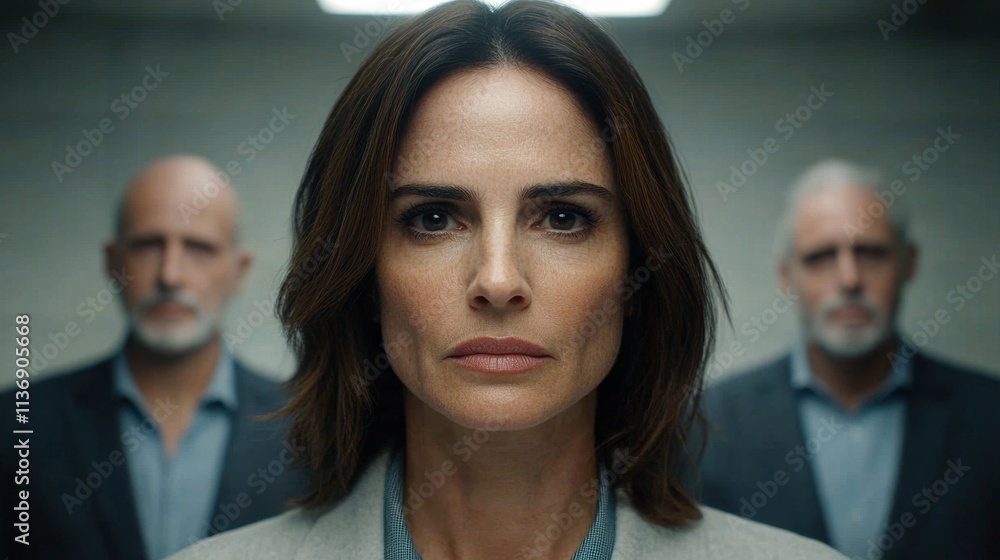 Confident woman in formal attire standing in focus with two blurred men in the background. Confident woman in formal attire standing in focus with two blurred men in the background.