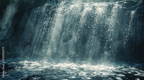 Sunlit waterfall cascading over rocks into a pool.
