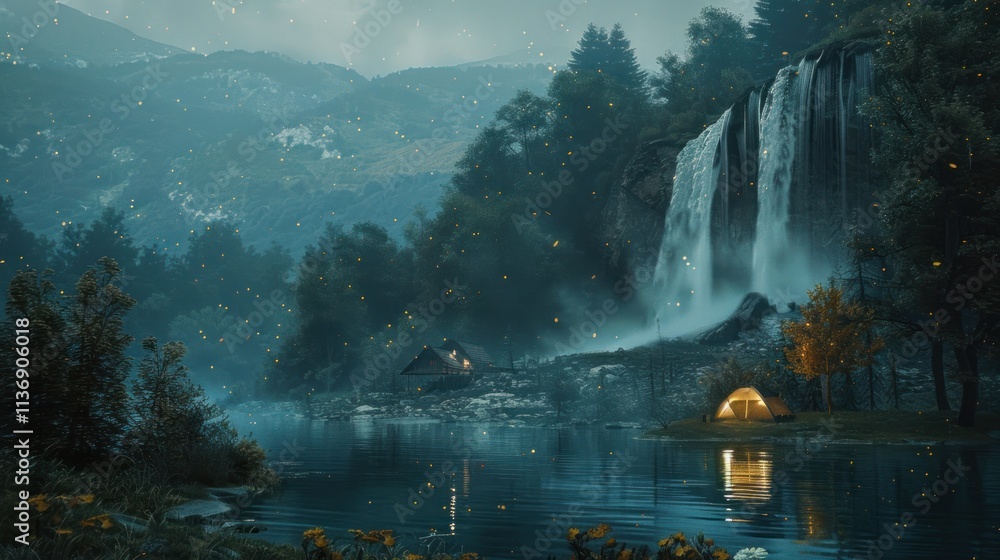 Serene night scene waterfall, lake, cabin, tent, fireflies. Serene night scene waterfall, lake, cabin, tent, fireflies.