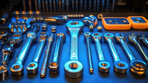 Blue metallic wrench set with socket tools arranged on black surface for automotive repair, mechanical work, DIY projects, professional workshop, industrial setting and equipment maintenance backgrou