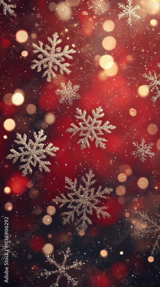 Red background with snowflakes and silvergold bokeh lights Red background with snowflakes and silvergold bokeh lights