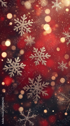 Red background with snowflakes and silvergold bokeh lights