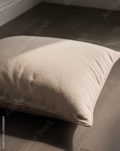 A beige pillow sitting on top of a wooden floor photo