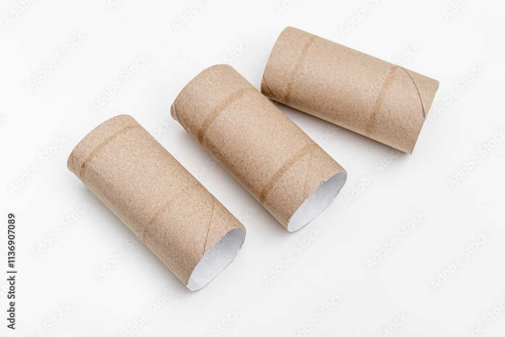 Empty toilet paper rolls on white background. Cardboard tubes for creativity Empty toilet paper rolls on white background. Cardboard tubes for creativity