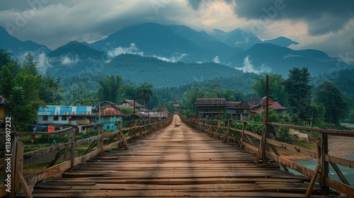 Wallpaper Mural Wooden bridge leading to a village nestled in misty mountains. Torontodigital.ca