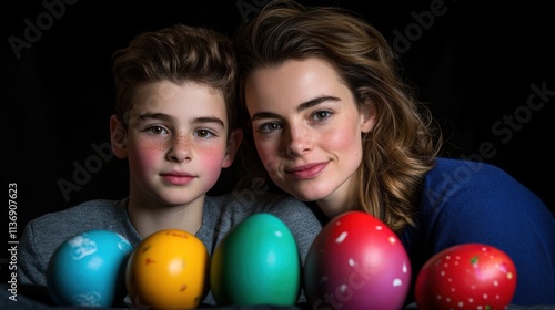 Mother and son smiling with colorful painted Easter eggs on a dark background. Family Easter celebration concept. photo