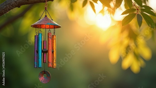 Colorful recycled metal wind chime hanging from a tree branch, illuminated by warm sunlight