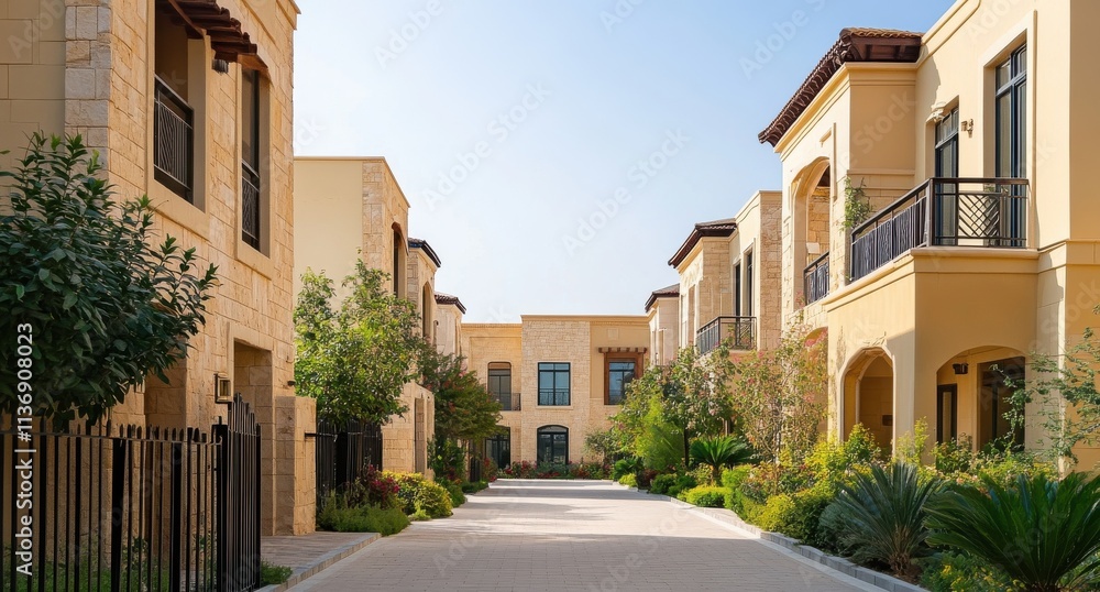 Charming residential architecture showcasing elegant homes along a serene pathway in a vibrant neighborhood under a clear blue sky Charming residential architecture showcasing elegant homes along a serene pathway in a vibrant neighborhood under a clear blue sky
