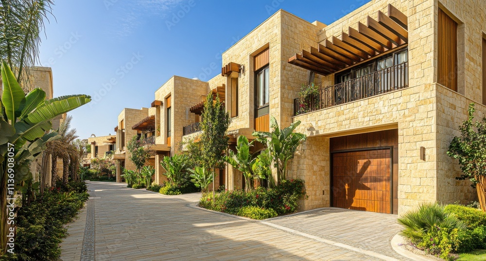 Luxurious townhouses lined with palm trees in a serene residential neighborhood under a clear blue sky Luxurious townhouses lined with palm trees in a serene residential neighborhood under a clear blue sky