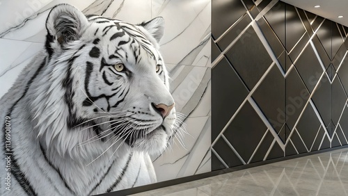 3d drawing art mural modern wallpaper with marble tiger photo