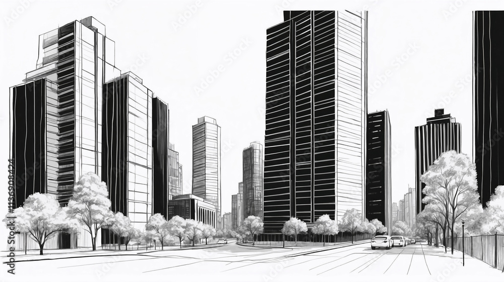 Fototapeta premium The city black landscape hand drawn