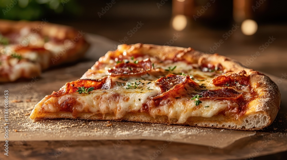 A close-up shot of a mouthwatering pepperoni pizza slice, with melted cheese and herbs on a wooden table, capturing the essence of comfort food and culinary art. A close-up shot of a mouthwatering pepperoni pizza slice, with melted cheese and herbs on a wooden table, capturing the essence of comfort food and culinary art.