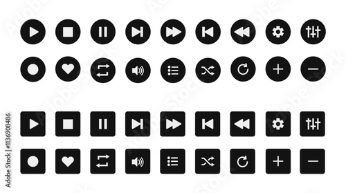 Play button vector icon: Media player control icon set featuring play and other interactive symbols. Vector illustration.