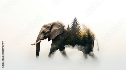 A giant elephant adorned with shadows of tall pine trees walks gracefully through a dreamlike landscape infused with mist, representing strength and tranquility. photo