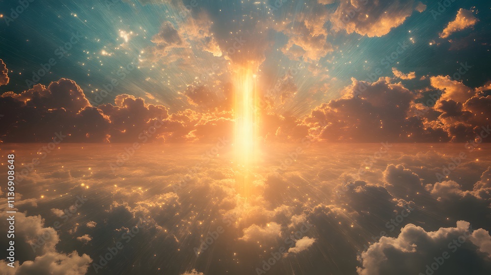 Celestial Golden Rays Illuminate Heavenly Cloudscape Celestial Golden Rays Illuminate Heavenly Cloudscape