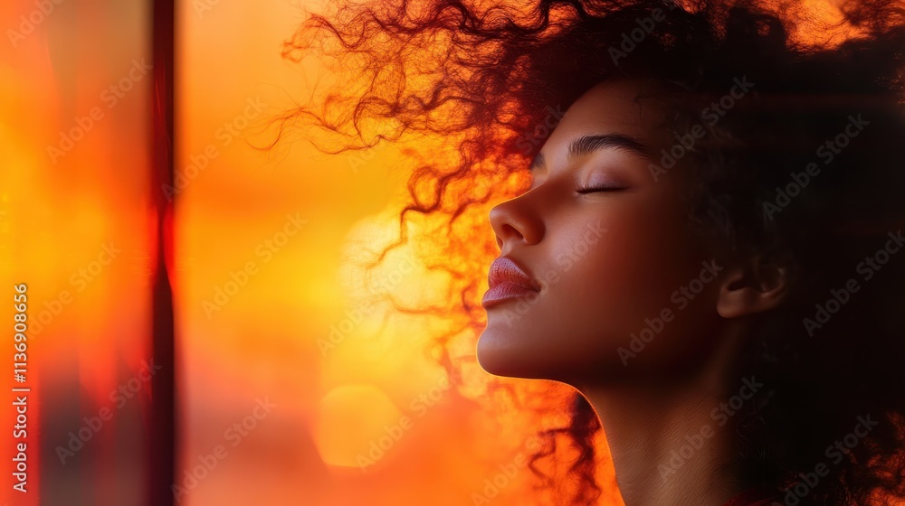 A serene woman enjoys the colorful, vibrant sunset scene with closed eyes, feeling a sense of peace and tranquility amid warm, vivid orange hues and soft curls. A serene woman enjoys the colorful, vibrant sunset scene with closed eyes, feeling a sense of peace and tranquility amid warm, vivid orange hues and soft curls.