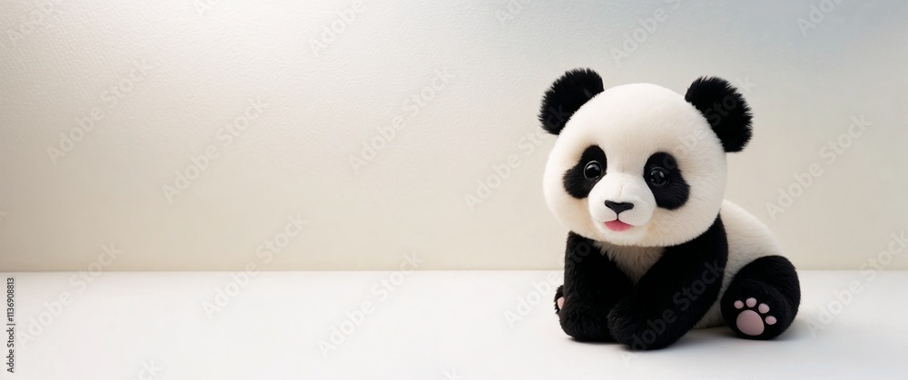 Cute plush panda toy with round eyes and a playful expression on a soft gradient background Cute plush panda toy with round eyes and a playful expression on a soft gradient background