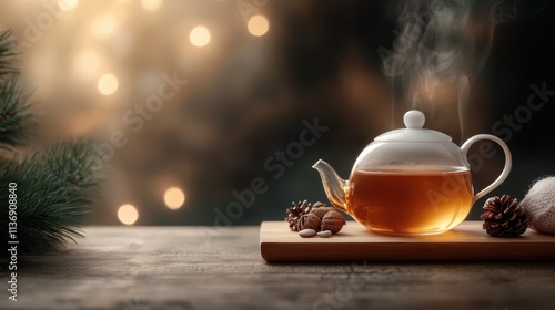 A stylish white teapot paired with a steaming glass cup of tea, placed on a rustic board with holiday pinecones and soft focus festive bokeh lighting. photo