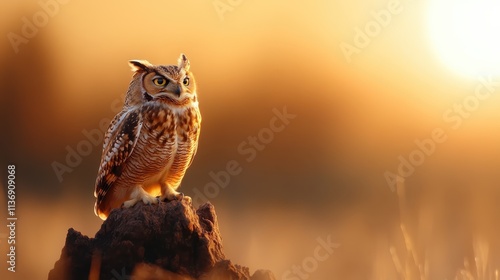 A regal owl rests on a rock, framed by a vibrant, golden sunset, creating an aura of mystery and wisdom in the wilderness, symbolizing resilience and serenity. photo