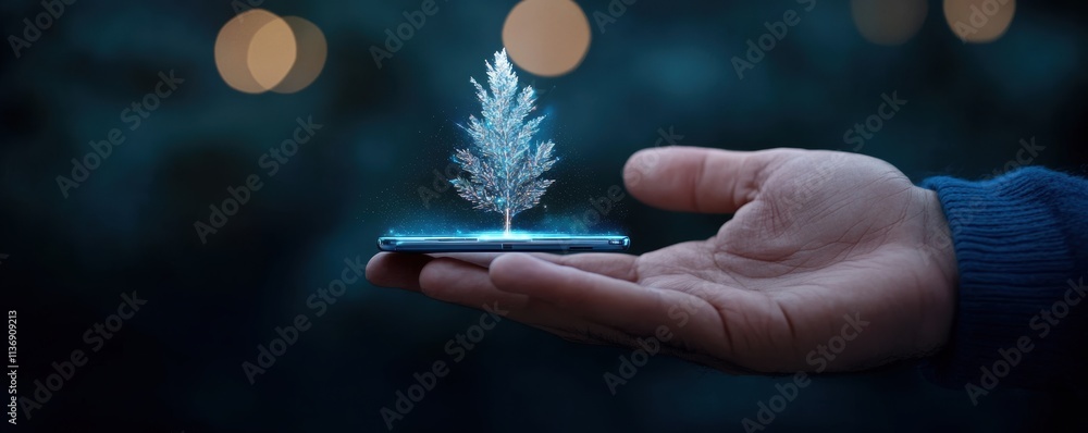 Futuristic holographic tree above smartphone held in hand against dark background. Futuristic holographic tree above smartphone held in hand against dark background.