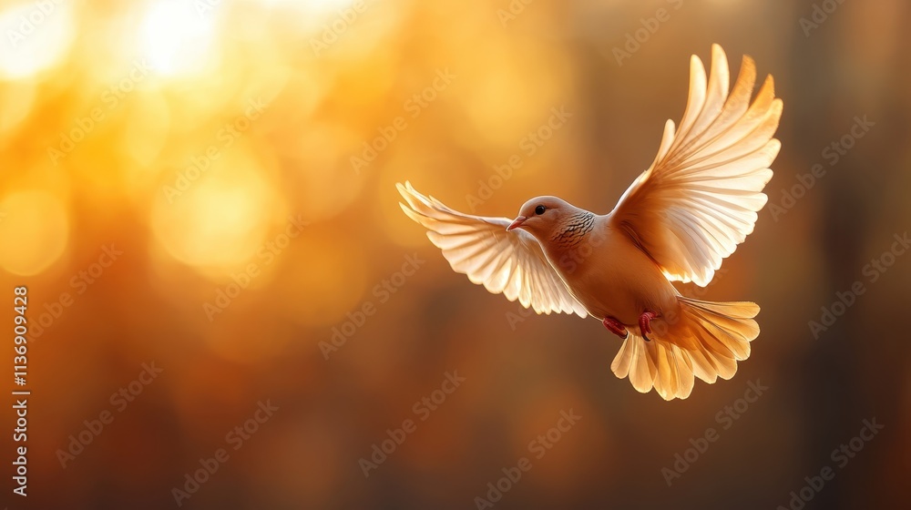 An enchanting capture of a dove in mid-flight, surrounded by vibrant golden sunset hues, representing spiritual freedom and tranquility in a majestic art style. An enchanting capture of a dove in mid-flight, surrounded by vibrant golden sunset hues, representing spiritual freedom and tranquility in a majestic art style.