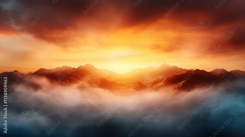 Fototapeta premium A breathtaking sunrise casts vibrant orange hues over towering mountains, with dramatic clouds swirling beneath, creating a mesmerizing and serene landscape.