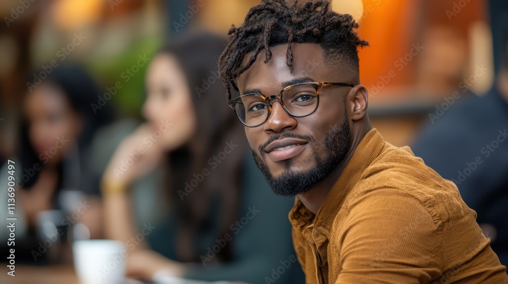 A fashionable man wearing stylish glasses and a casual shirt sits in a lively cafe, exuding confidence and charisma while enjoying the vibrant atmosphere. A fashionable man wearing stylish glasses and a casual shirt sits in a lively cafe, exuding confidence and charisma while enjoying the vibrant atmosphere.