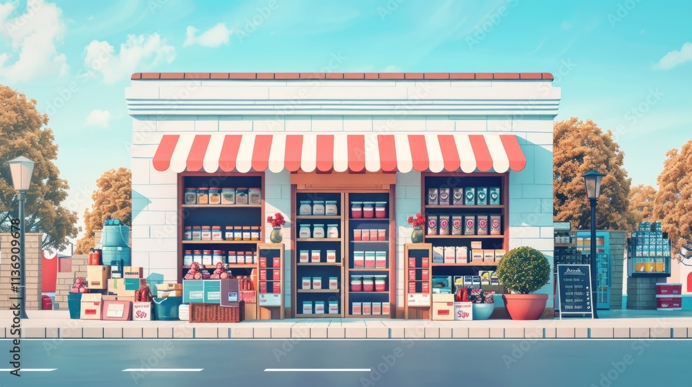 Small storefront with red and white awning, shelves stocked with various goods displayed outside on sidewalk, sunny day. Small storefront with red and white awning, shelves stocked with various goods displayed outside on sidewalk, sunny day.