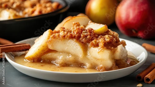 A delectable slice of pear dessert topped with a sweet, crunchy crumble, served on a white plate with fresh pears and cinnamon sticks in the background. photo