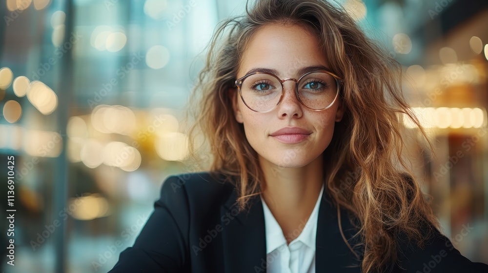 A confident woman wearing glasses exudes intelligence and professionalism while sitting in a modern office environment surrounded by subtle lighting effects. A confident woman wearing glasses exudes intelligence and professionalism while sitting in a modern office environment surrounded by subtle lighting effects.