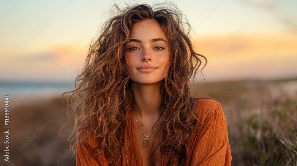A smiling woman with curly hair enjoys the sunset by the beach, portraying joy and relaxation as the picturesque backdrop enhances her positive aura. A smiling woman with curly hair enjoys the sunset by the beach, portraying joy and relaxation as the picturesque backdrop enhances her positive aura.