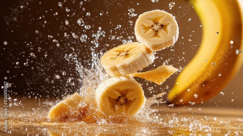 This image showcases banana slices elegantly caught mid-splash, with water droplets frozen in motion, capturing a dynamic and refreshing vibe against a warm backdrop. photo