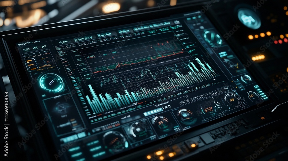 Futuristic dashboard with financial data displayed on a touchscreen interface. Futuristic dashboard with financial data displayed on a touchscreen interface.