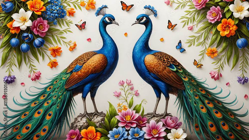 Two peacocks isolated on abstract background, decorative elements for poster, design illustration wallpaper Two peacocks isolated on abstract background, decorative elements for poster, design illustration wallpaper