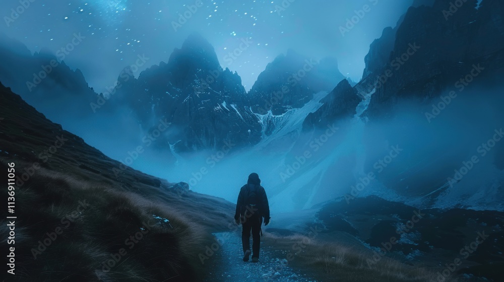 Silhouette of a hiker on a mountain path at night, under a starry sky. Silhouette of a hiker on a mountain path at night, under a starry sky.